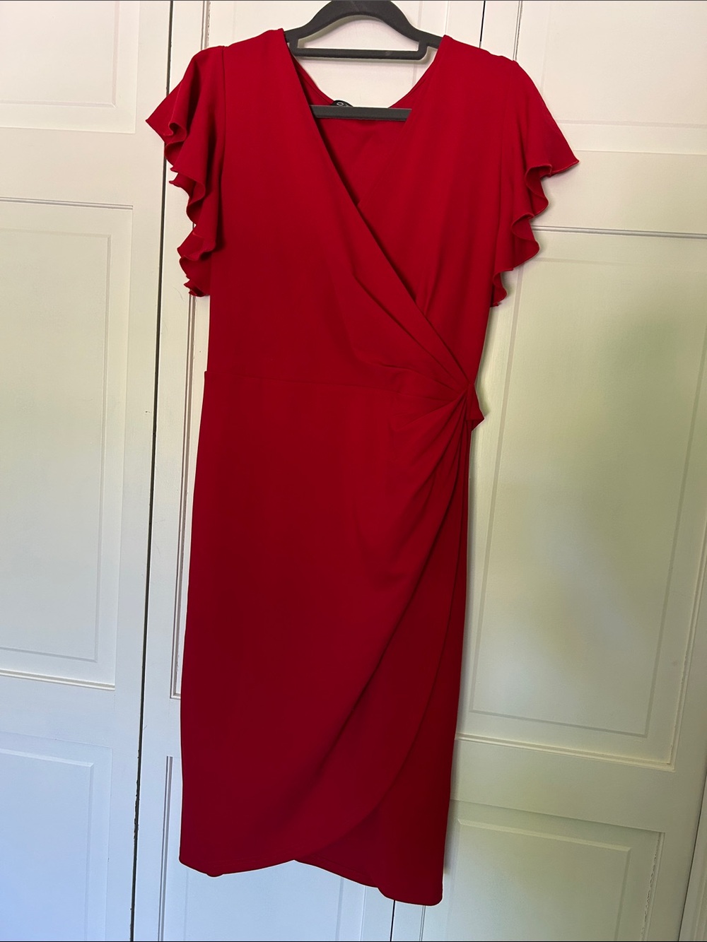 Red Midi Wrap Dress with Ruffle Sleeves